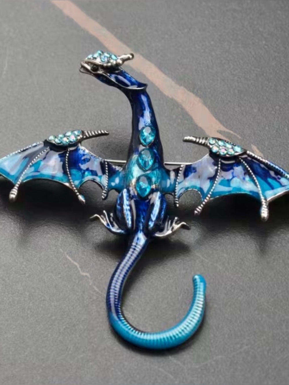 Majestic Blue Enamel & Rhinestone Dragon Brooch Pin/Pendant